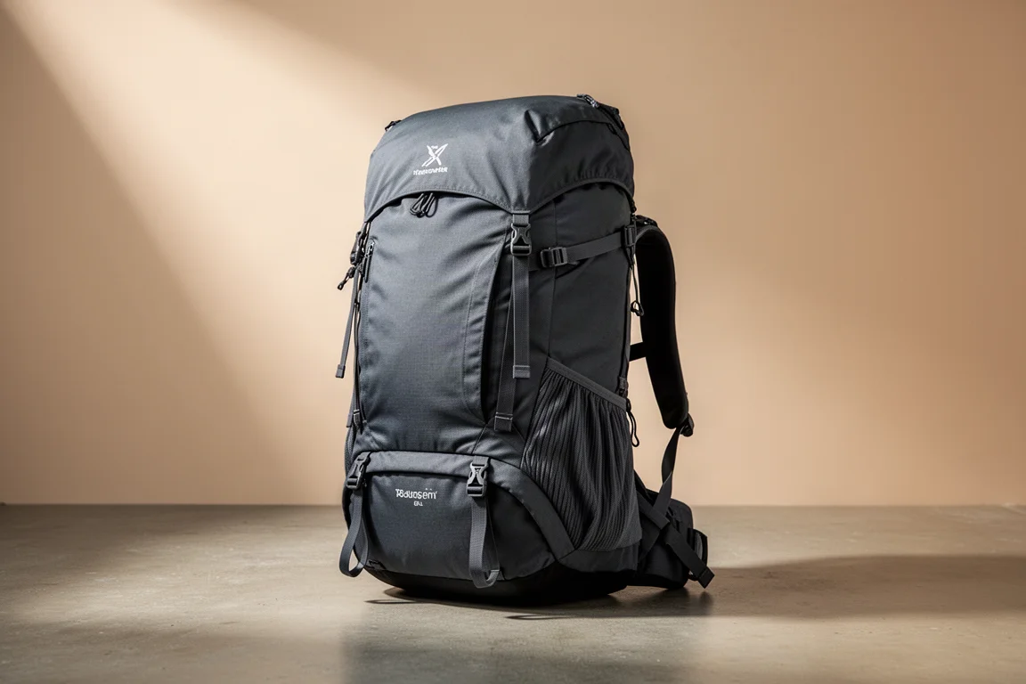 Large grey 80-liter hiking backpack standing upright on a concrete surface in soft studio light