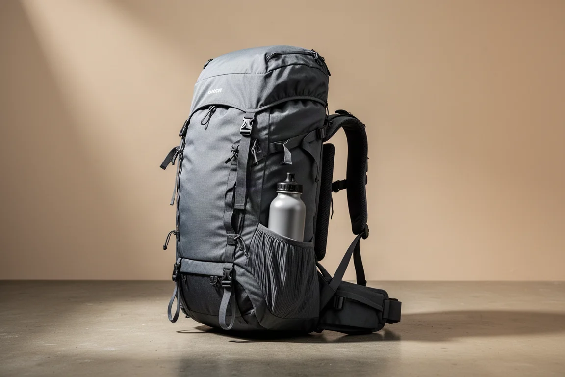 Large grey trekking backpack standing upright on concrete in soft studio light