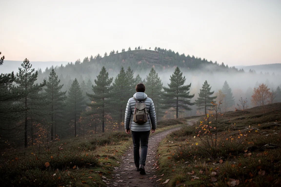 Wanderer von hinten auf einem nebligen Herbstkammweg in einer gesteppten Daunenjacke