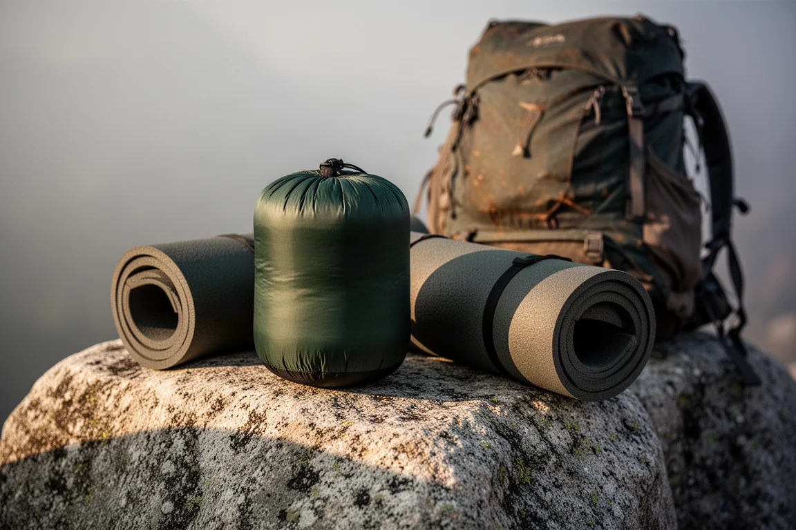 Komprimierte Daunenjacke im Packsack auf einem Granitfindling neben einem Rucksack
