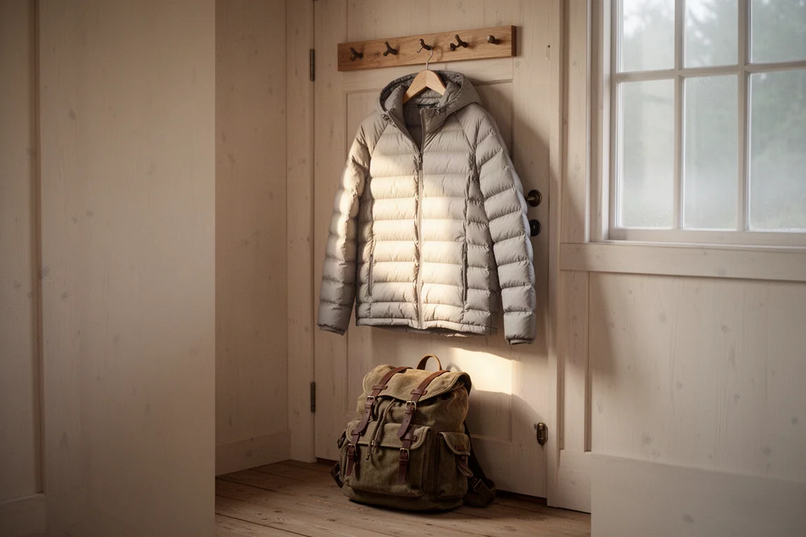 Gesteppte Daunenjacke an einem Holzpflock neben einer Hüttentür mit Rucksack darunter