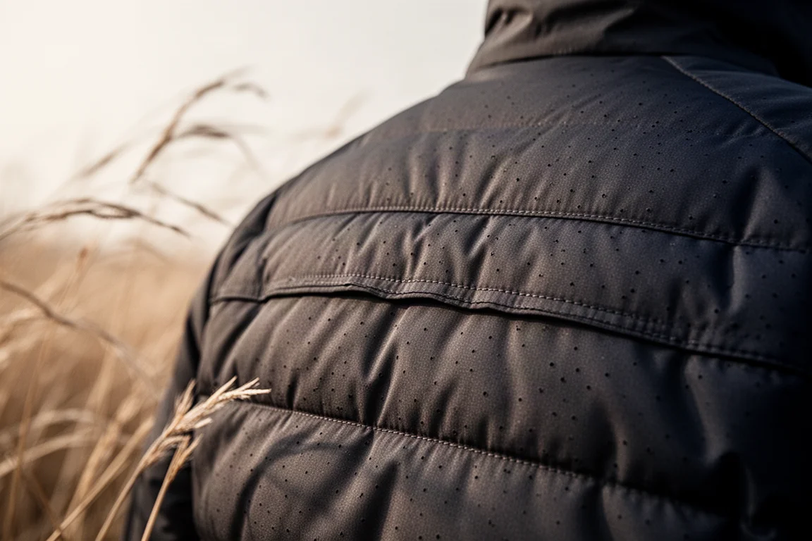Down jacket hood and collar detail with zip up and rear drawcord