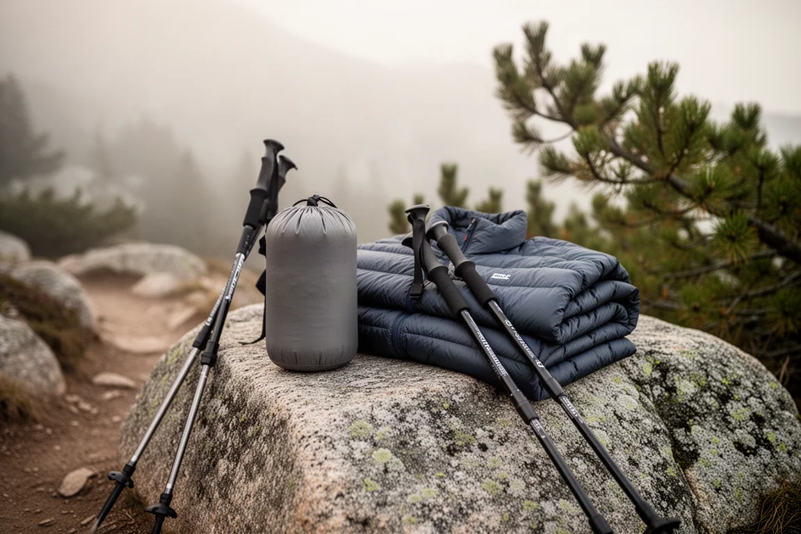 Compact down jacket packed into a stuff sack on a boulder at dawn