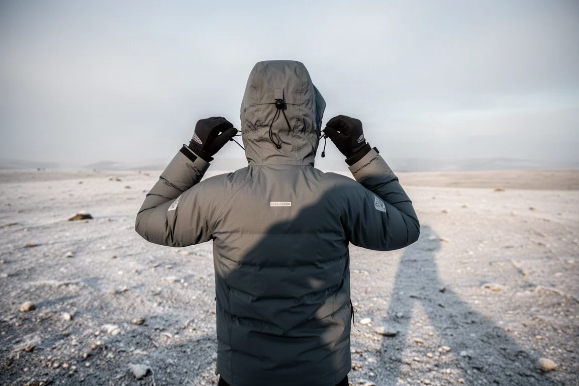 Fleece midlayer, down jacket, and windproof shell flat-laid on a wooden bench