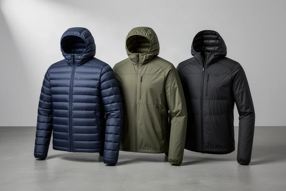 Three hooded down jackets arranged on a pale concrete surface