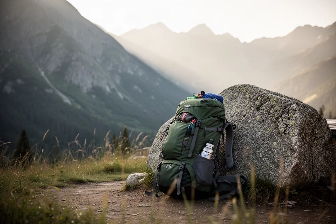 Loaded trekking backpack leaning against a granite boulder above a mountain valley