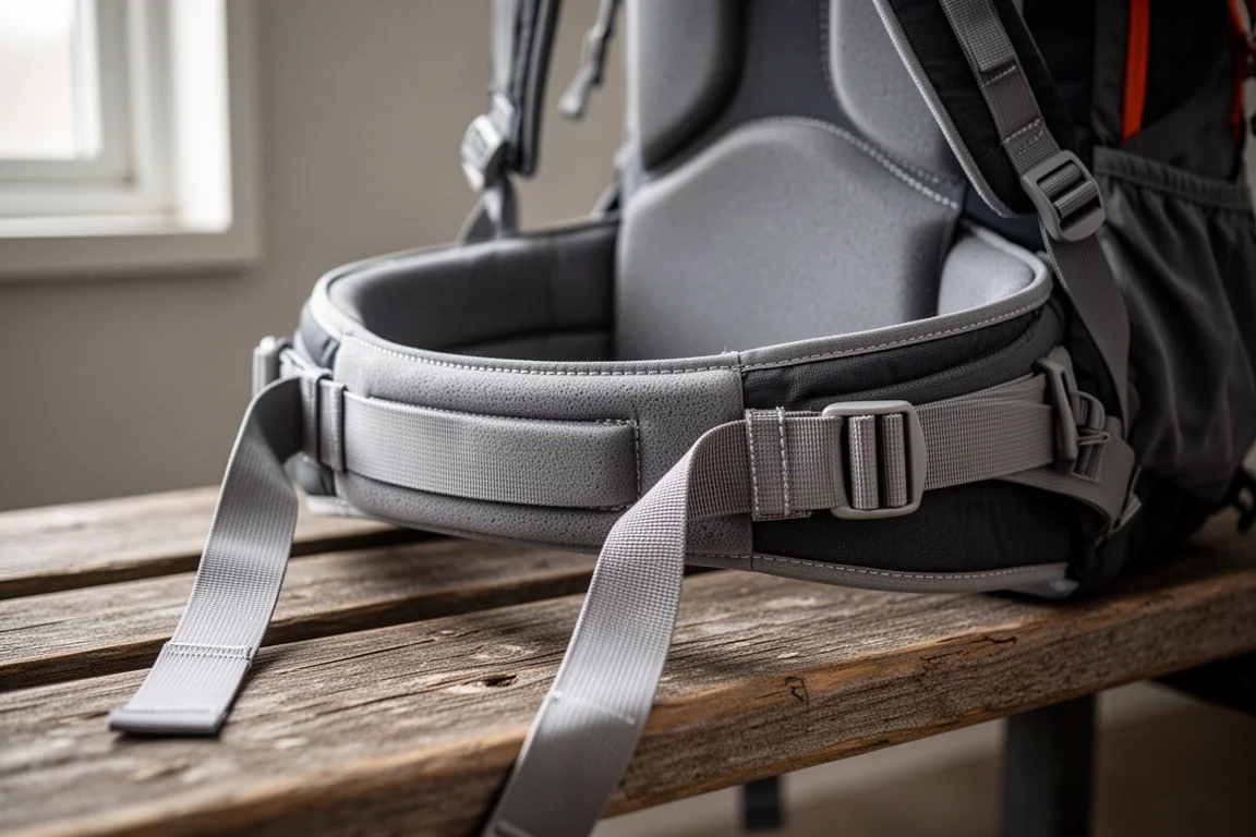 Close-up of a padded hip belt and webbing on a backpack resting on a wooden bench