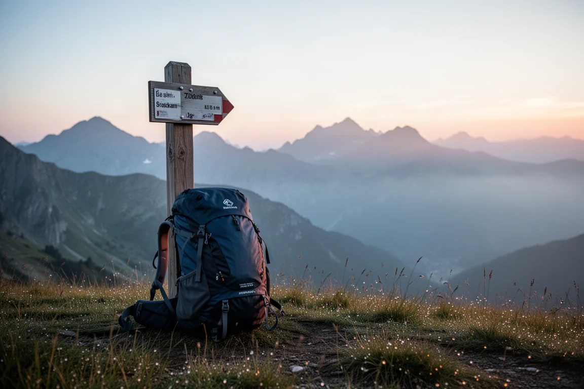 Trekking backpack standing beside a trail marker post at sunrise