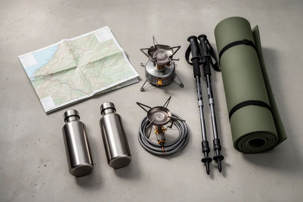 Overhead flat-lay of backpacking essentials on a matte concrete surface