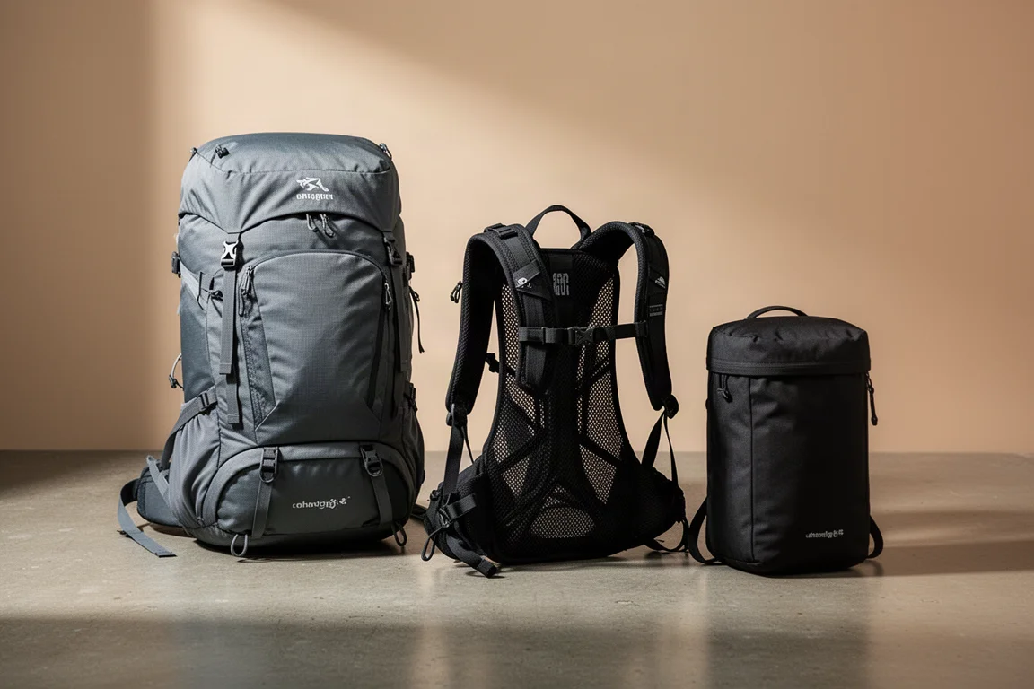Three trekking backpacks arranged in a row on a matte concrete surface