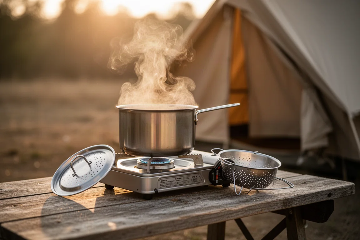Kampeerkookset uitgespreid op een houten picknicktafel op een bosrijke camping in het vroege ochtendlicht
