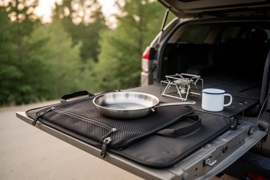 Kampeerkitchen op een laadklep van een overlanding-voertuig in de schemering in een afgelegen landschap