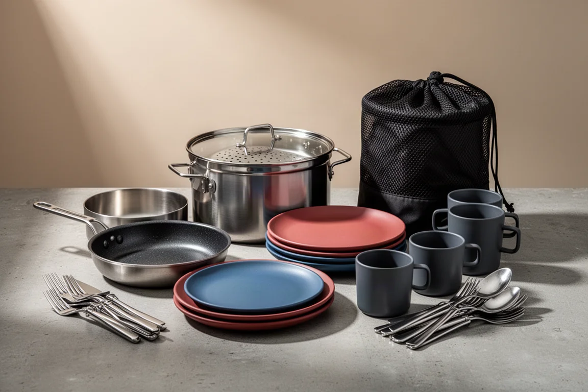 Nested stainless steel camp cook set with pot, pan, plates, cups and cutlery on concrete