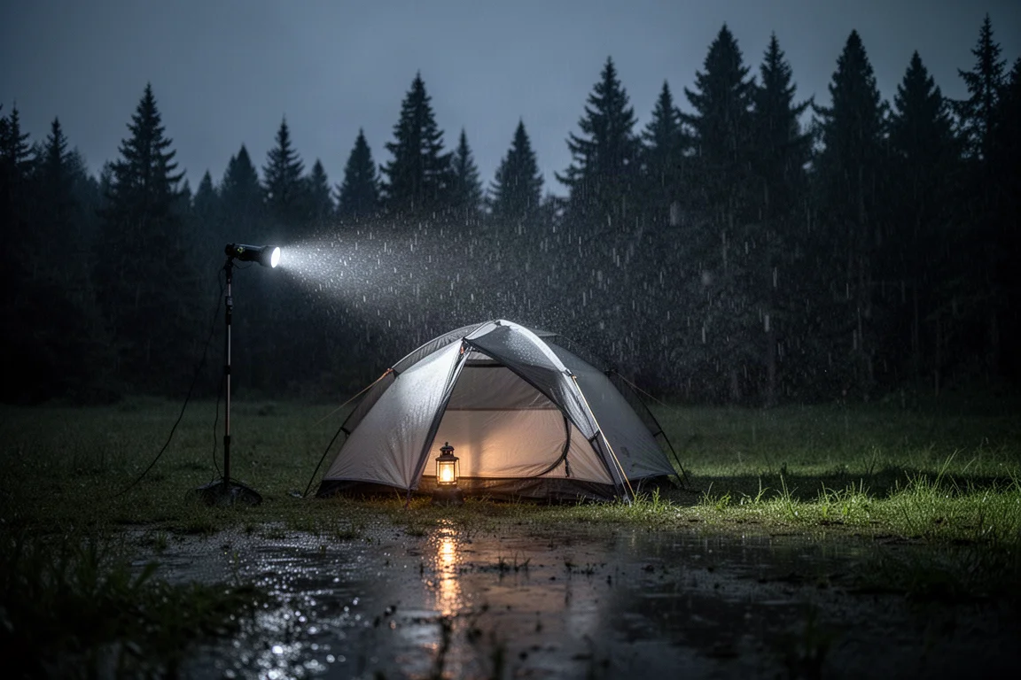Barraca brilhando fracamente à noite durante chuva constante em um acampamento escuro