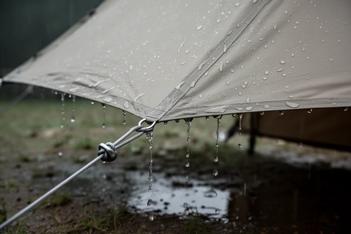 Chuva escorrendo pelo tecido esticado e costura do sobreteto de uma barraca