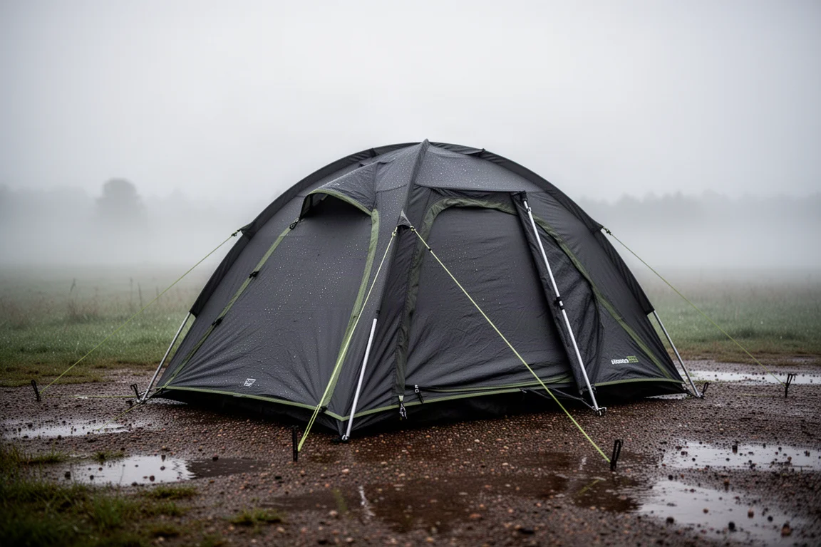 Two-person camping tent pitched on a wet campsite at dawn under an overcast sky