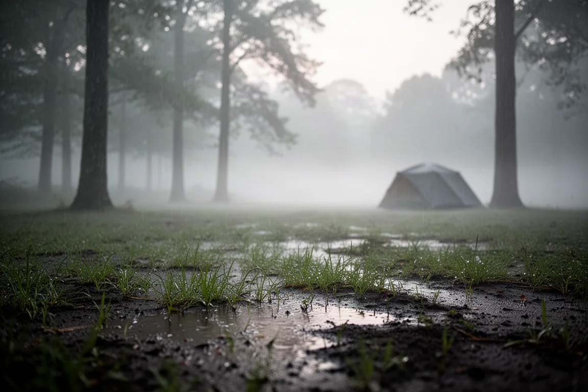 Vista dall'alto dell'attrezzatura da campeggio su legno consumato con sacca tenda e picchetti in metallo