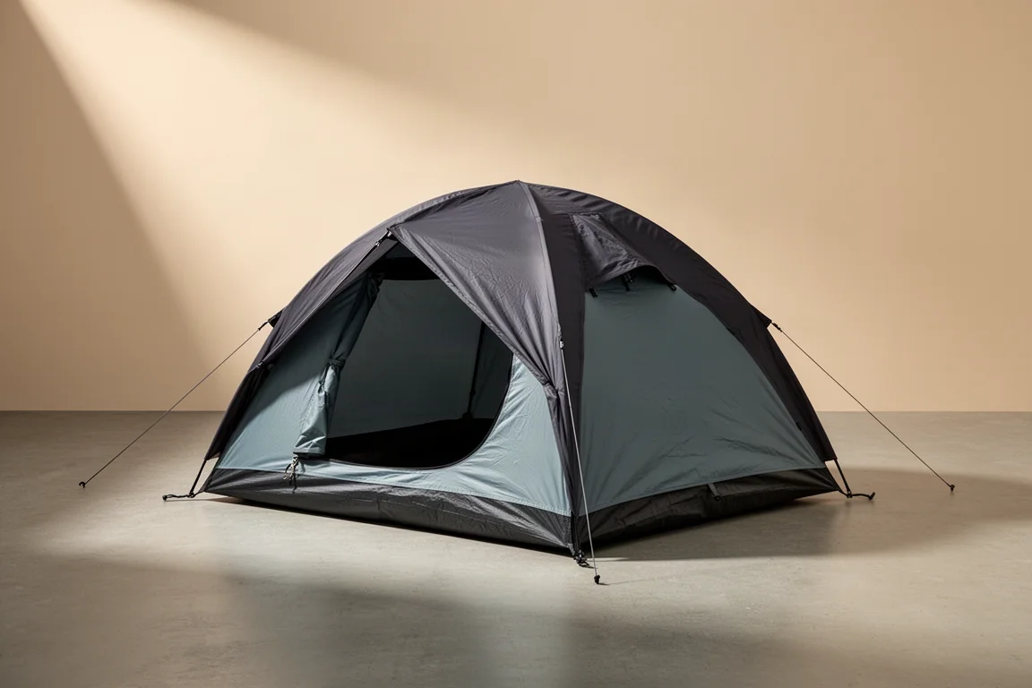 Compact two-person camping tent with dark charcoal fly sheet pitched on concrete surface