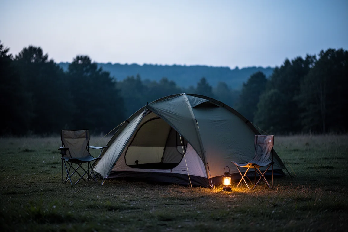 Neblige Campingwiese im ersten Licht mit zusammengefalteter Bodenplane und aufgerollten Abspannleinen auf Gras