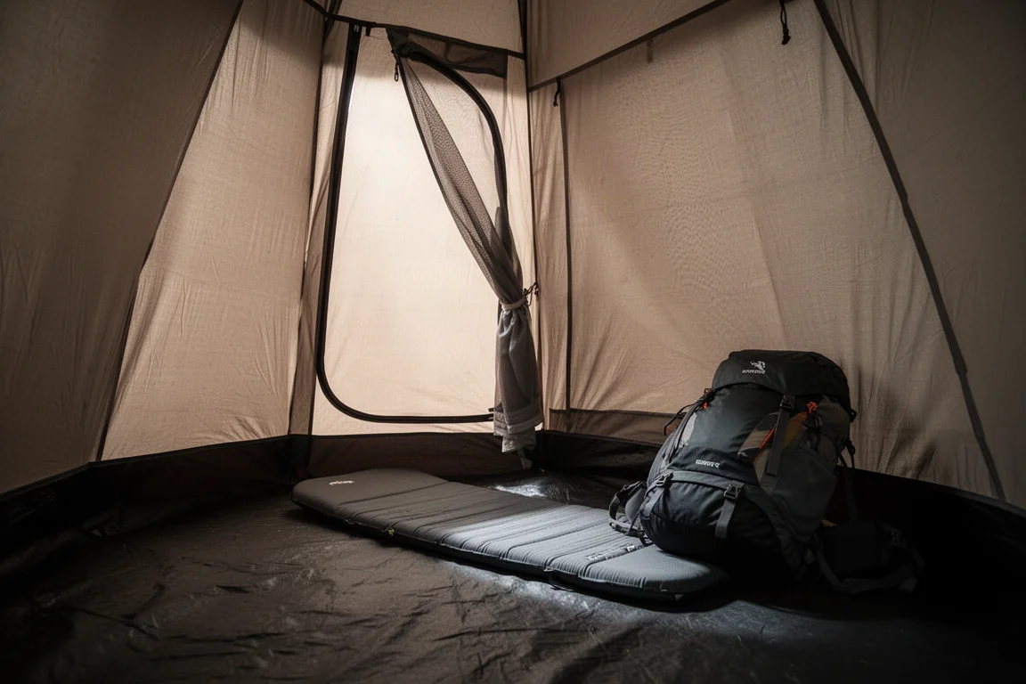 Draufsicht auf aufgerollte Zeltstangen, gefalteten Stoff, Heringe und Packsack auf Beton