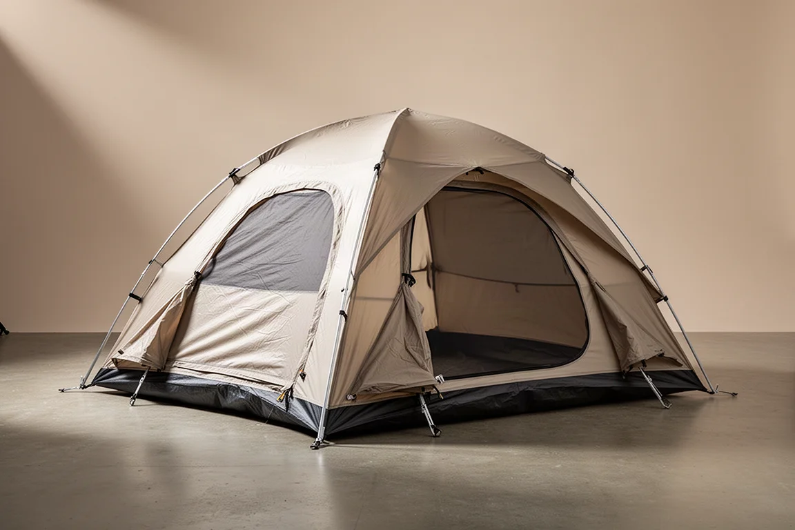 Compact camping tent pitched on a concrete studio floor in soft light