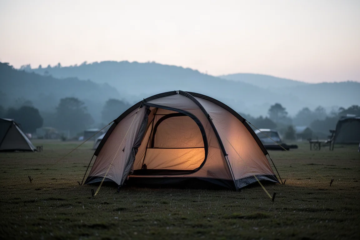 Two-person tent pitched on grass at a quiet campsite in soft dusk light