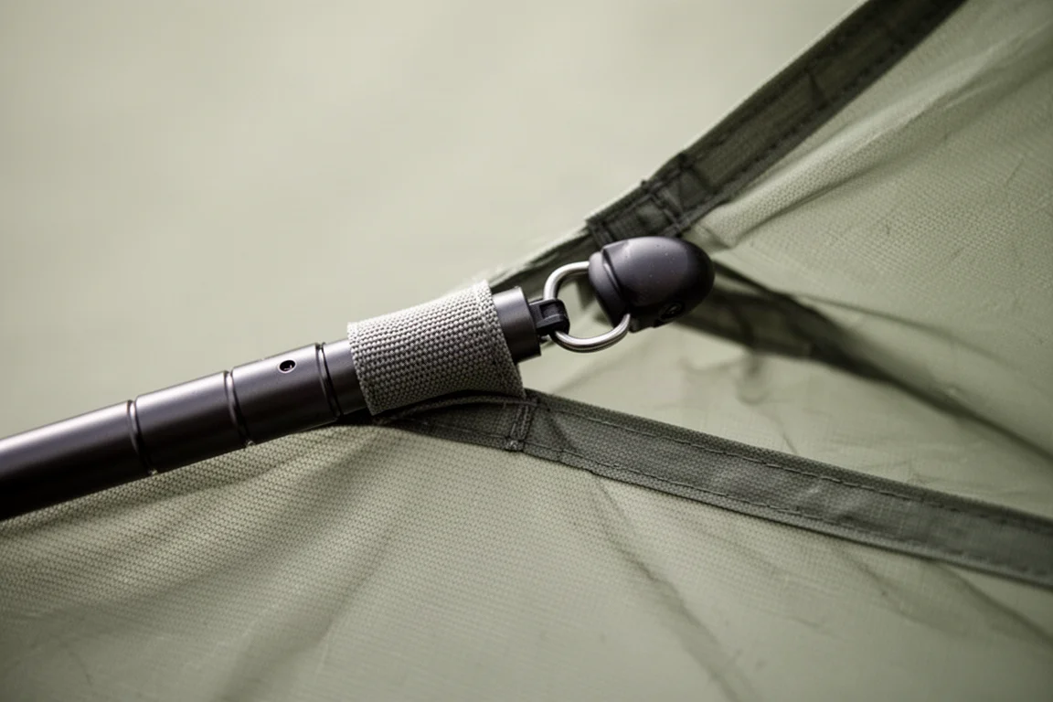 Close-up of a tent pole partly threaded into a fabric sleeve on a flysheet