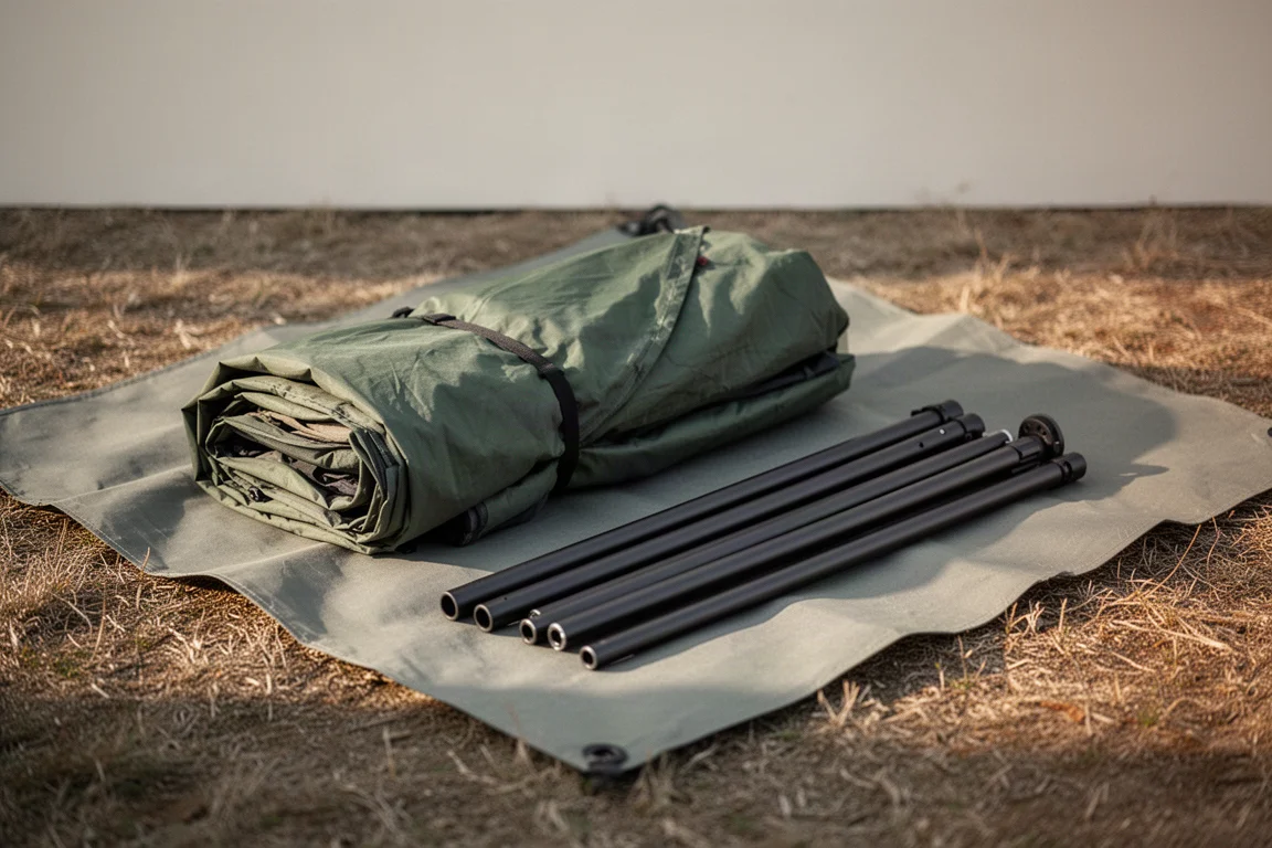 Folded tent fabric and separated pole segments resting on a ground sheet