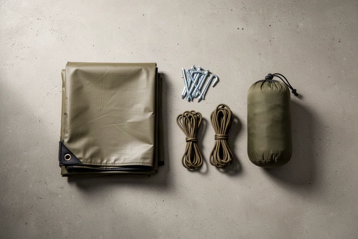 Overhead flat lay of camping accessories on a concrete surface