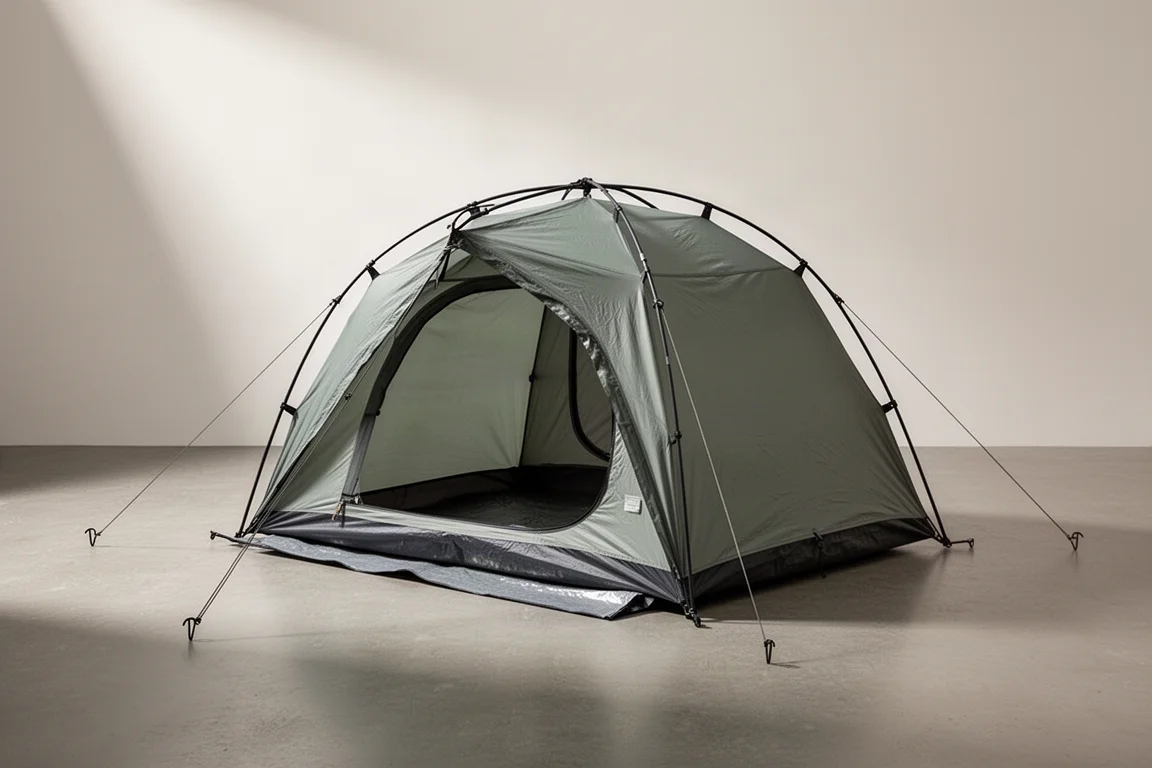 Compact two-person camping tent pitched on concrete with guy lines and ground sheet
