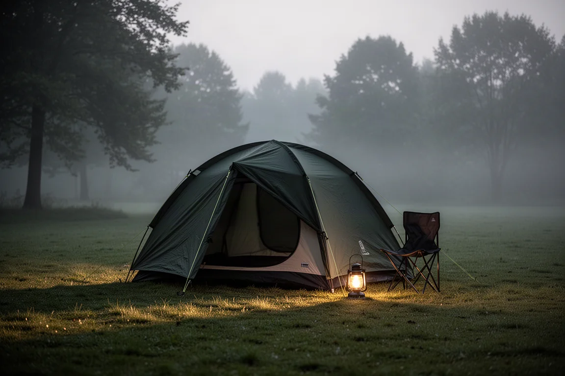 Pequeña tienda tipo cúpula para dos personas montada en un claro de camping con hierba al atardecer y un farol cerca
