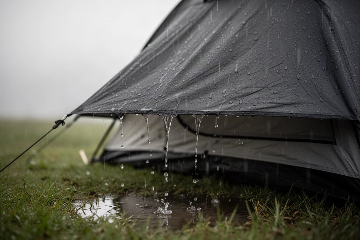 Gotas de lluvia acumulándose y resbalando por el sobretecho oscuro de una pequeña tienda de camping