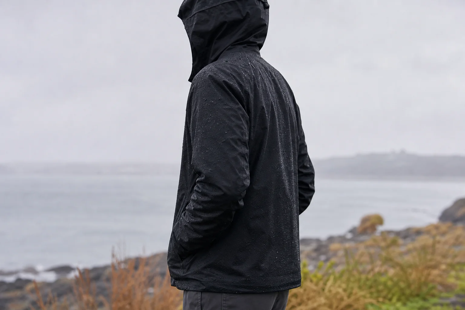 戶外小雨中，穿著黑色輕便雨衣的人