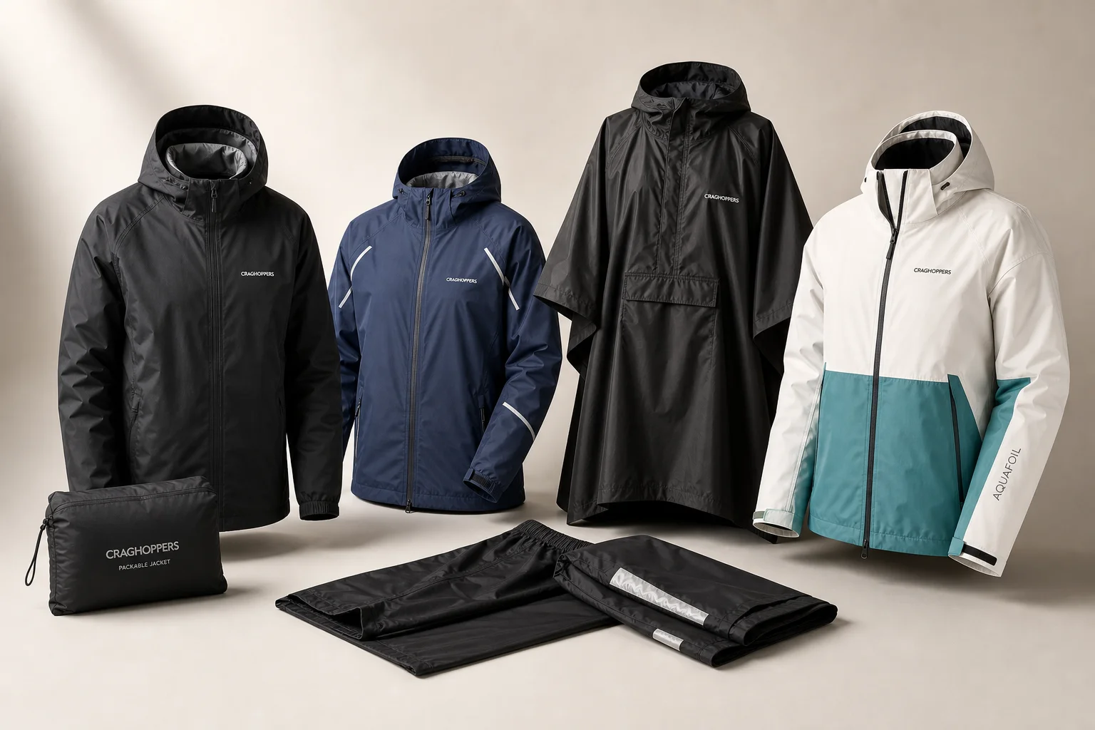 五款 Decathlon 雨衣與雨褲陳列於中性背景前