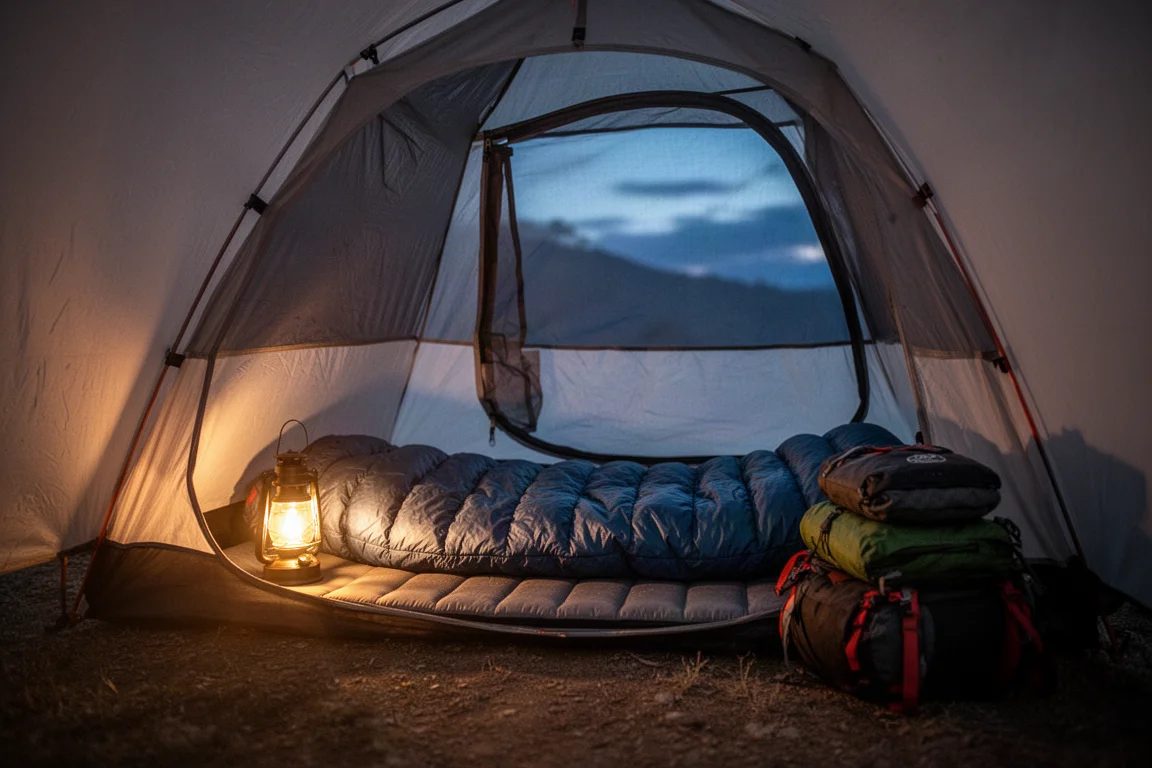 Innenraum eines kleinen Trekkingzelts, beleuchtet von einer warmen Laterne in der Dämmerung