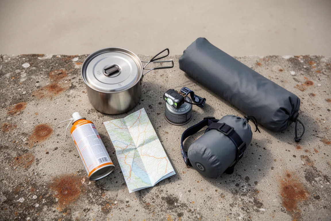 Draufsicht als Flat-Lay auf Camping-Kochzubehör und Backpacking-Essentials auf Beton