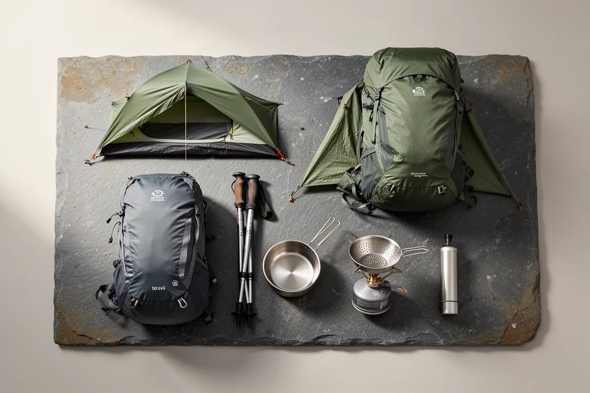 Attrezzatura da backpacking ultraleggera disposta su ardesia con tenda, zaino, bastoncini e pentole