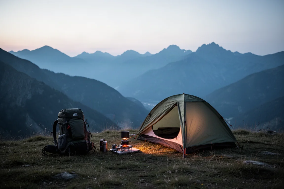 Backpacking campsite at dusk in a mountain valley with tent and gear