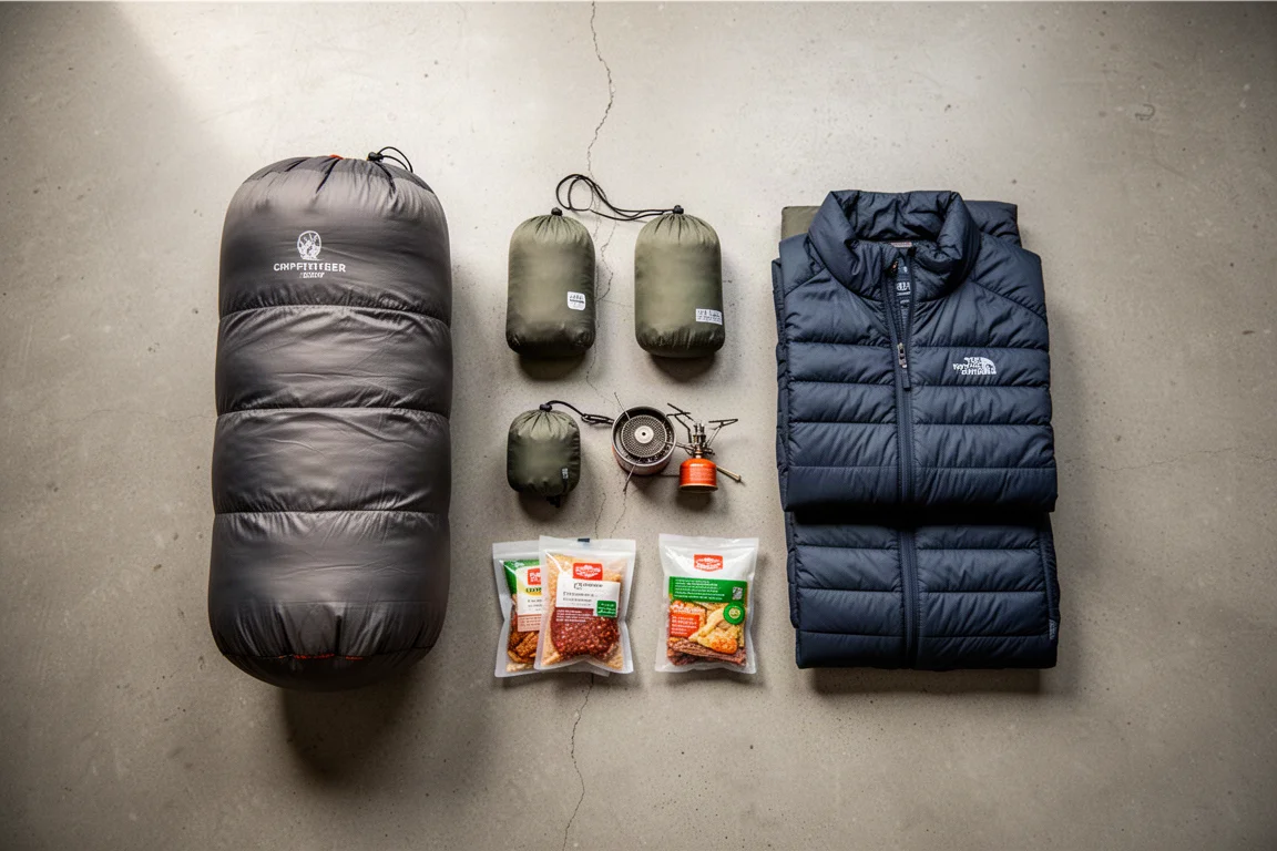 Overhead flat lay of backpacking gear arranged on a concrete floor