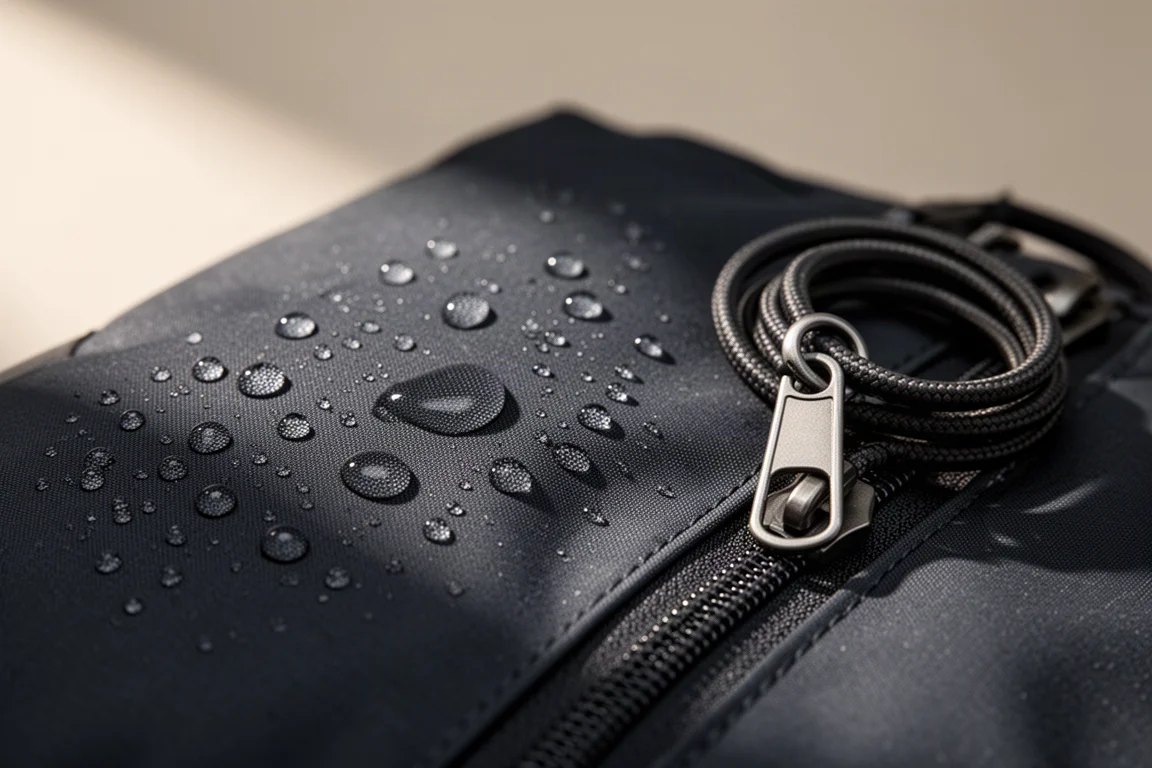 Close-up of water beading on dark technical fabric beside a zipper
