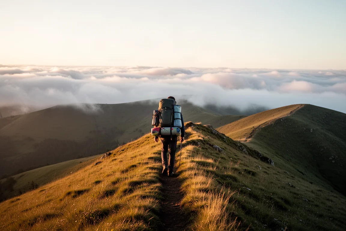 Hiker silhouette walking a ridge line at golden hour with a loaded pack