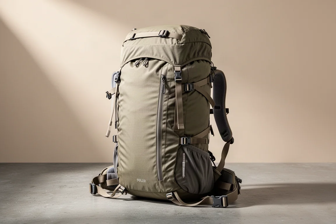 Large 70-litre hiking backpack with padded harness and front access zipper on concrete