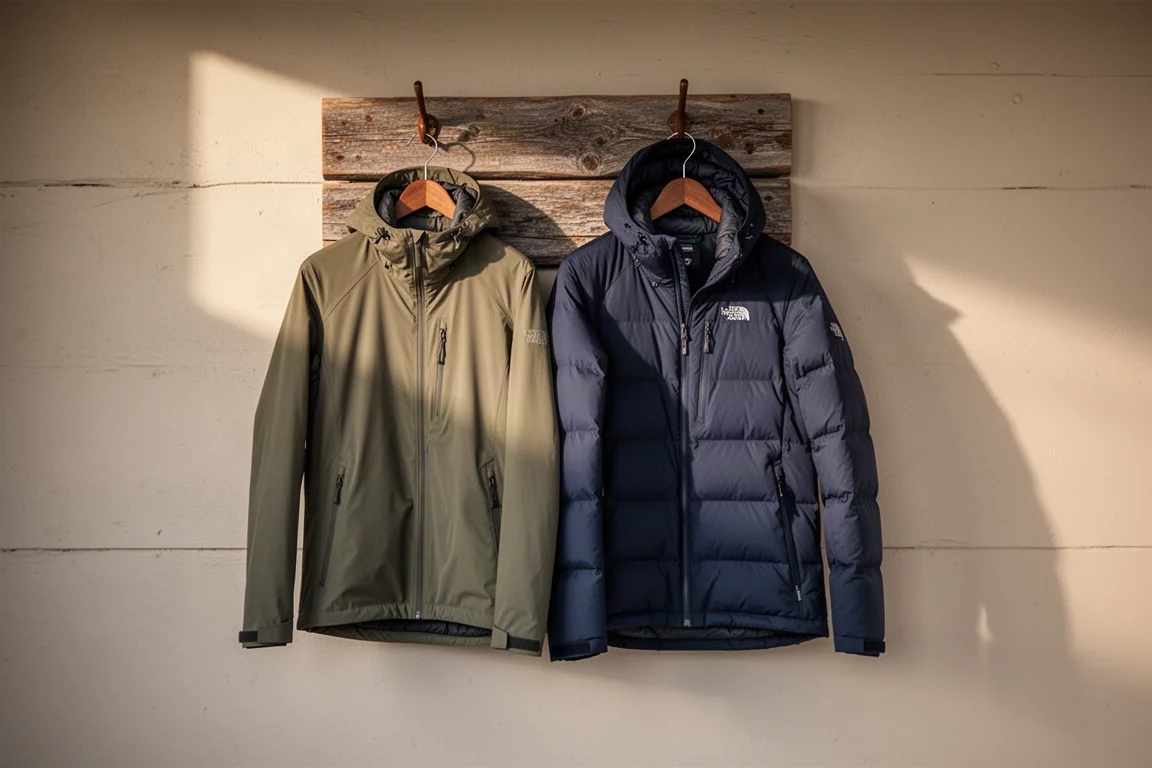 Two insulated hiking jackets hanging from a wooden peg on a cabin wall