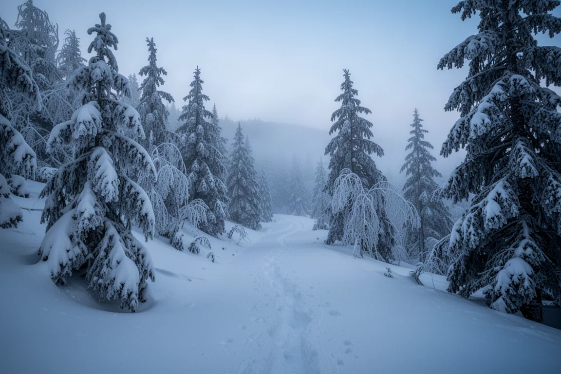 Snow-covered alpine trail curving through frosted conifers at blue hour