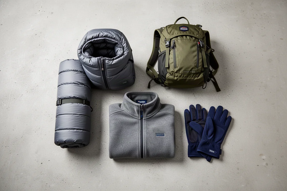 Overhead flat lay of a rolled insulated jacket with a small hiking pack and gloves