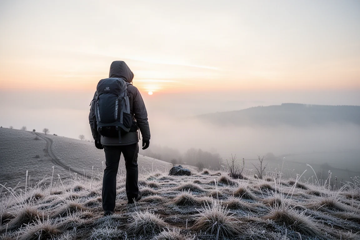 Hiker in a hooded winter jacket seen from behind on a frosty ridge at sunrise