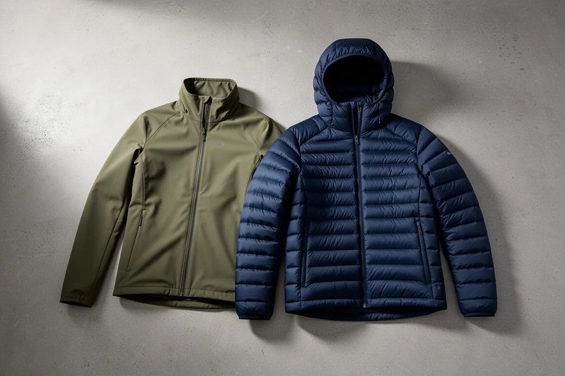 Two insulated hiking jackets, one olive synthetic and one navy down, on a concrete surface