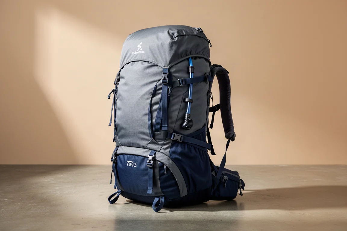 Large 70-liter hiking backpack in grey and navy standing on a concrete surface