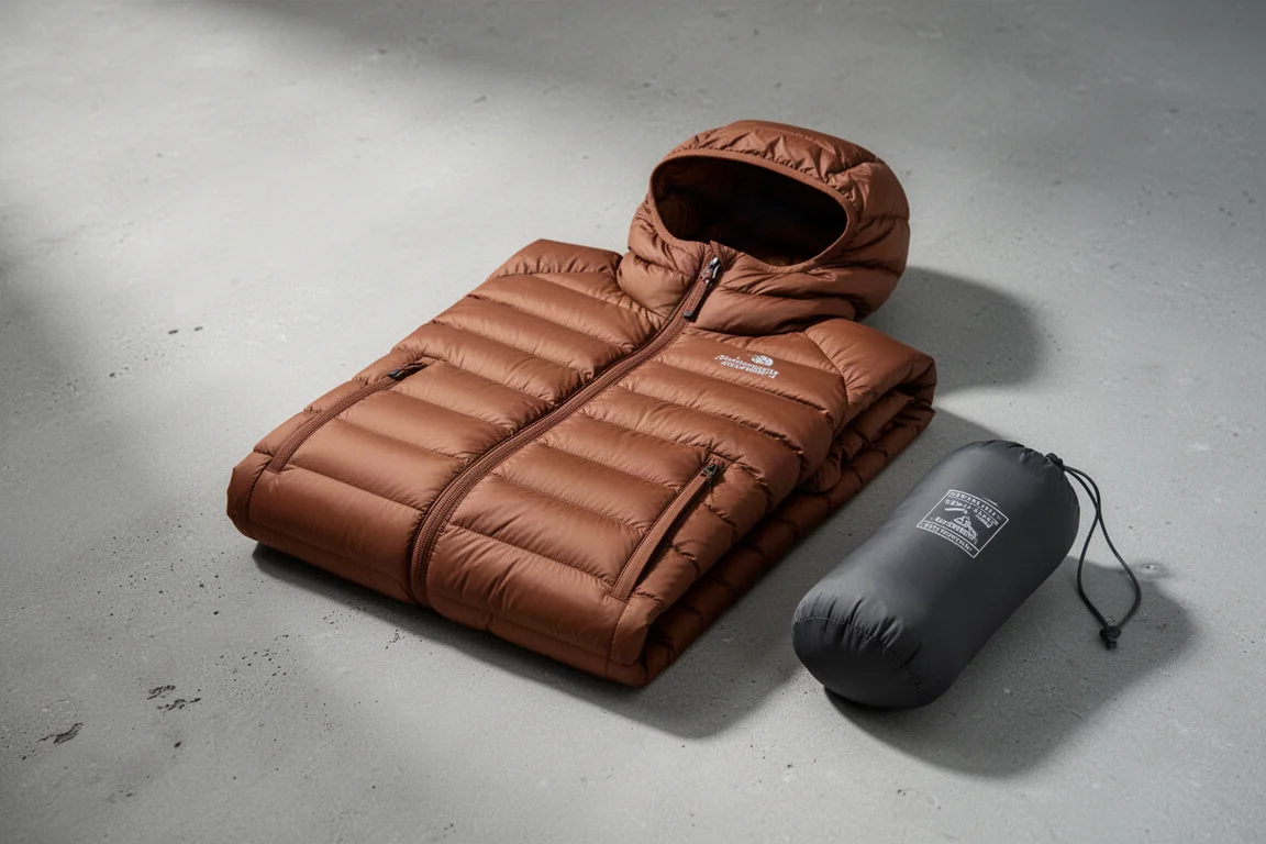 Brown quilted women's down jacket shown open beside the same jacket packed into its pocket