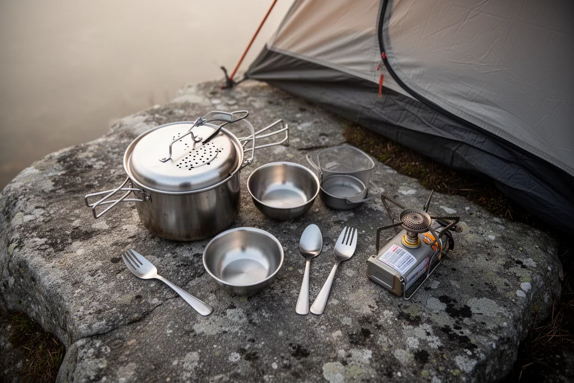 Kit de cuisine de randonnée disposé sur un rocher plat à côté d'une tente au lever du soleil